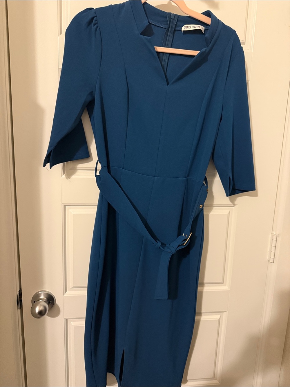 Grace Karin Teal Blue Belted Midi Dress